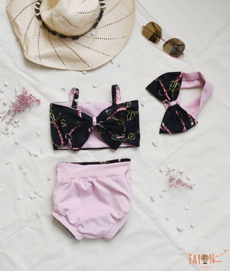 Black Print Top and Pink Bottom Swim Wear for Girls