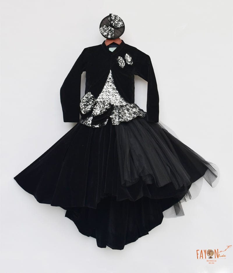 Fayon Kids Black Velvet Net Gown with Shrug for Girls
