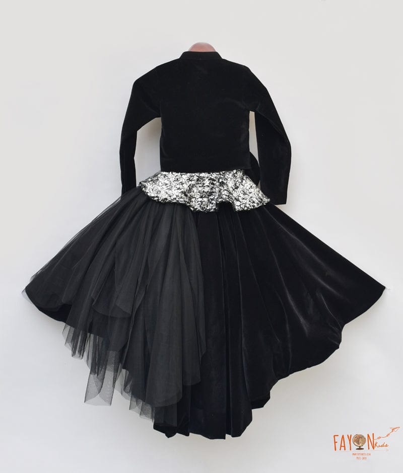 Fayon Kids Black Velvet Net Gown with Shrug for Girls