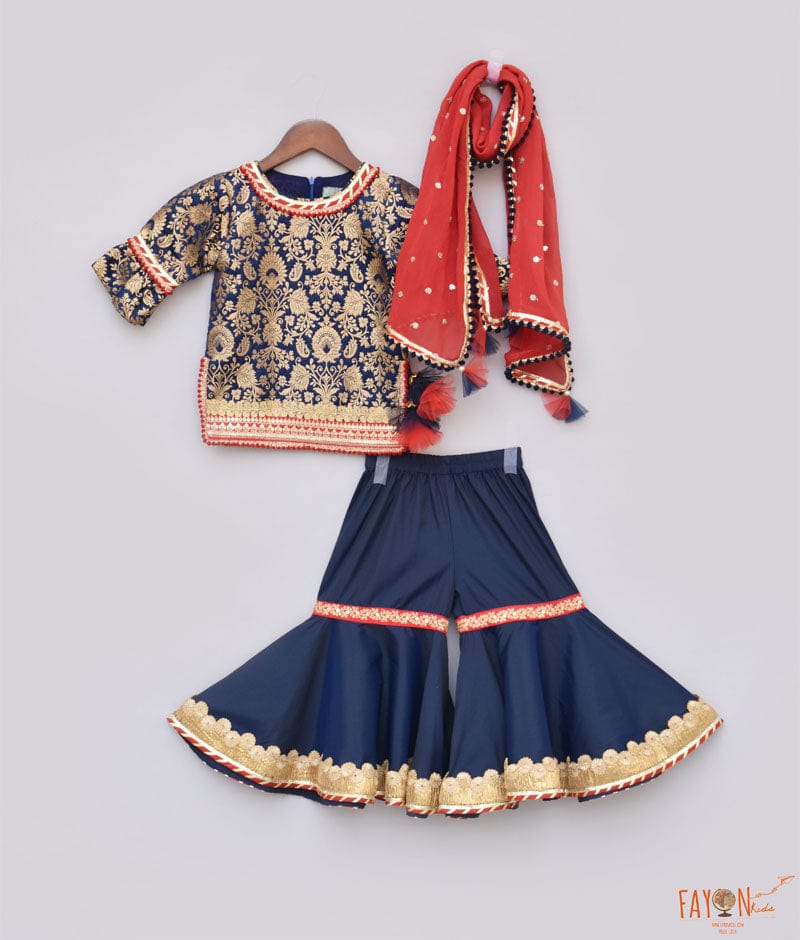 Blue Brocade Sharara with Kurti Red Boti Georgette Dupatta for Girls