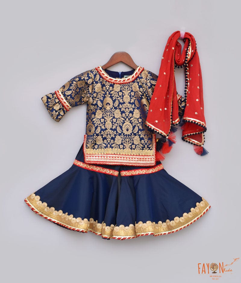 Blue Brocade Sharara with Kurti Red Boti Georgette Dupatta for Girls