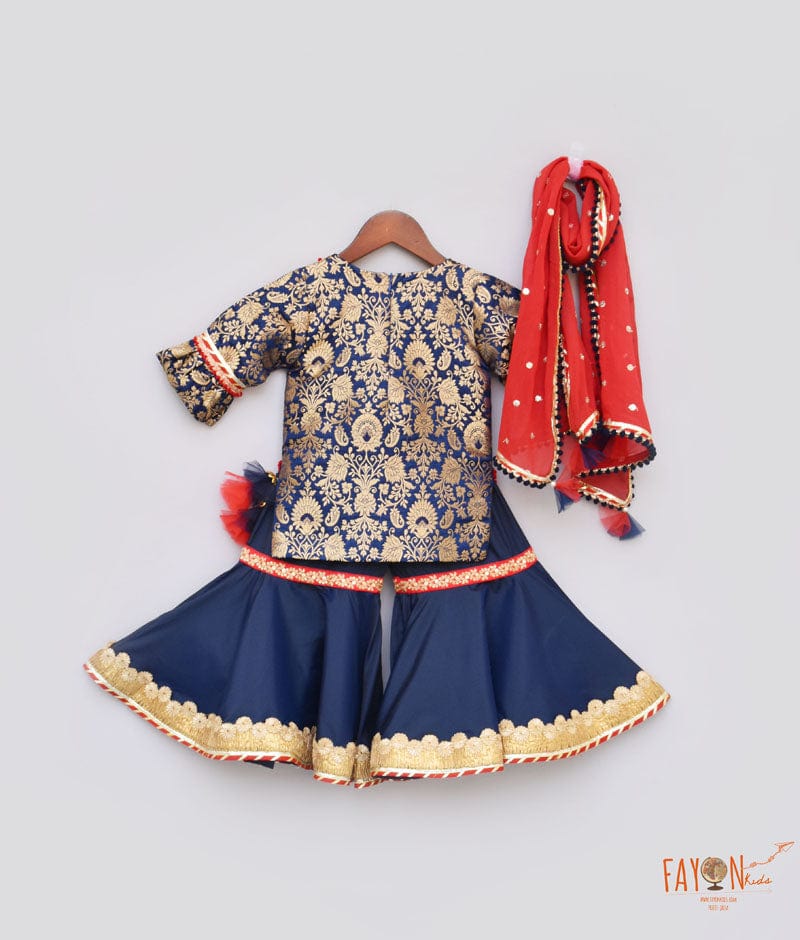 Blue Brocade Sharara with Kurti Red Boti Georgette Dupatta for Girls