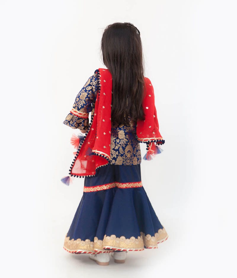 Blue Brocade Sharara with Kurti Red Boti Georgette Dupatta for Girls