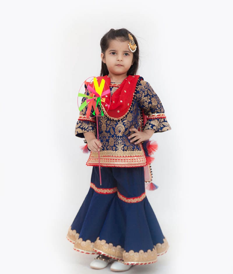 Blue Brocade Sharara with Kurti Red Boti Georgette Dupatta for Girls