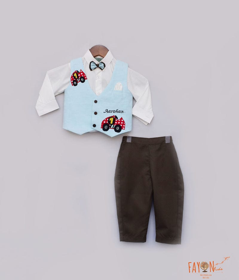 Blue Car Print Waist Coat with White Shirt Brown Pant for Boys