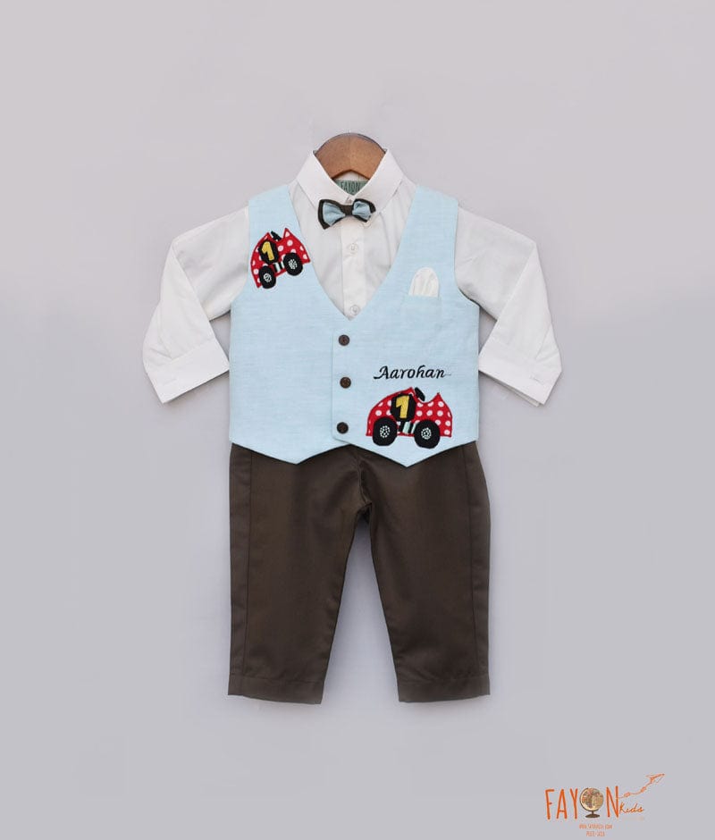 Blue Car Print Waist Coat with White Shirt Brown Pant for Boys