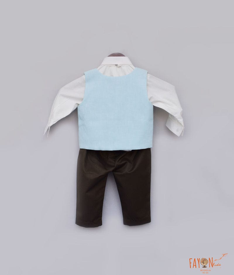 Blue Car Print Waist Coat with White Shirt Brown Pant for Boys