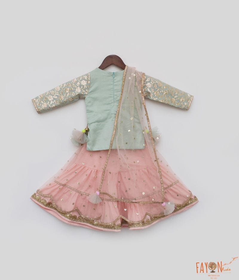 Blue Chanderi Kurti and Peach Net Sharara for Girls