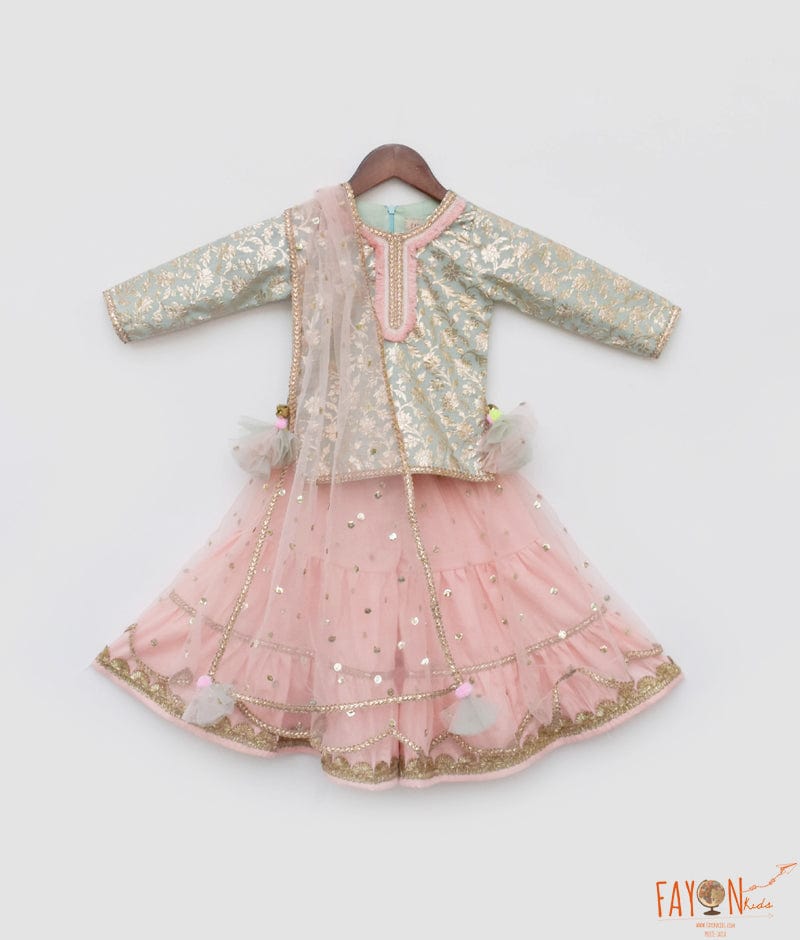 Blue Chanderi Kurti and Peach Net Sharara for Girls