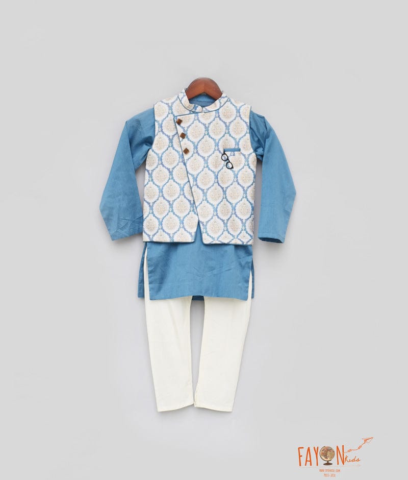 Blue Chanderi Printed Nehru Jacket with Kurta Chudidar for Boys