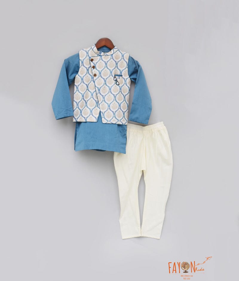 Blue Chanderi Printed Nehru Jacket with Kurta Chudidar for Boys