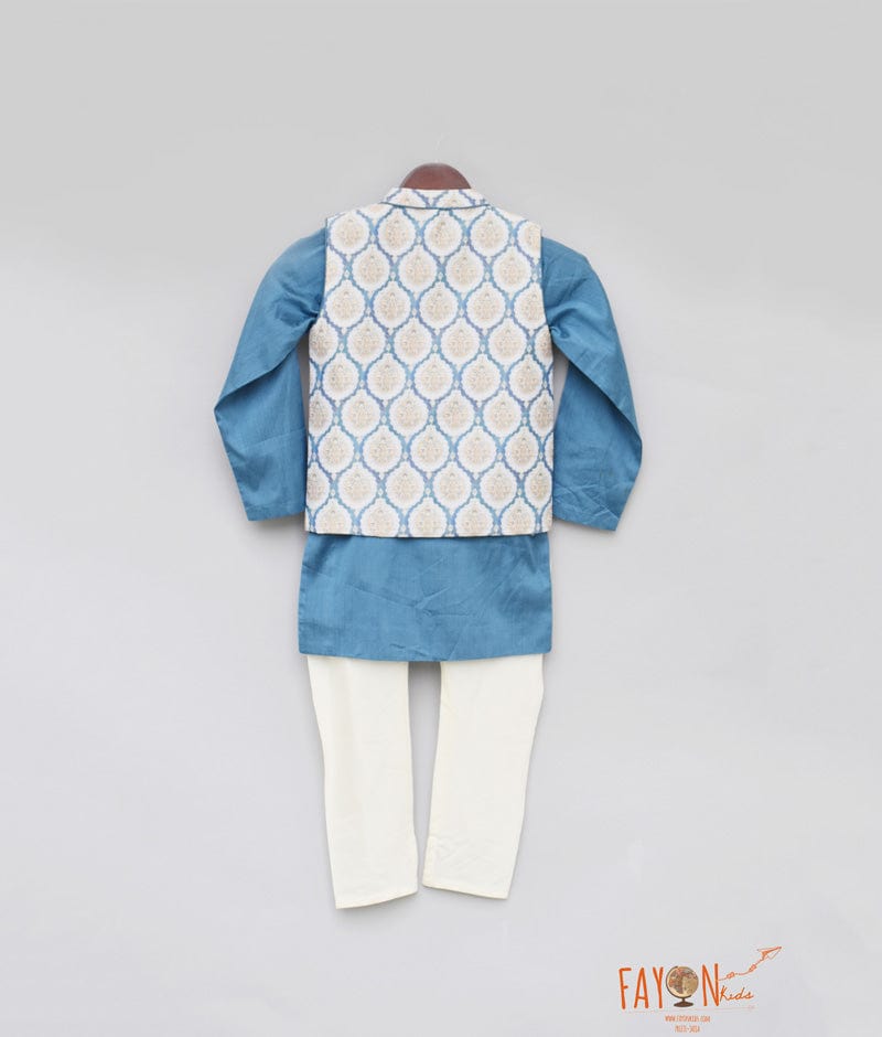 Blue Chanderi Printed Nehru Jacket with Kurta Chudidar for Boys