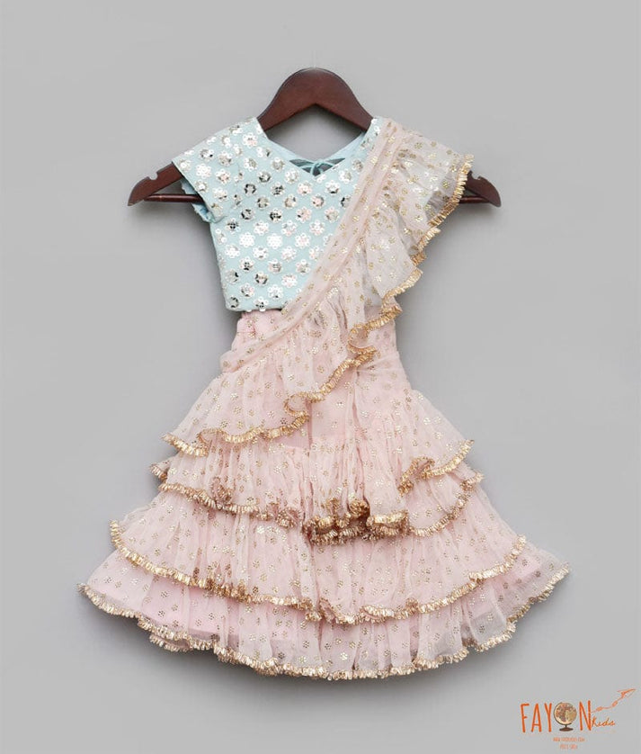 Blue Embroidery Peach Chiffon Saree for Girls