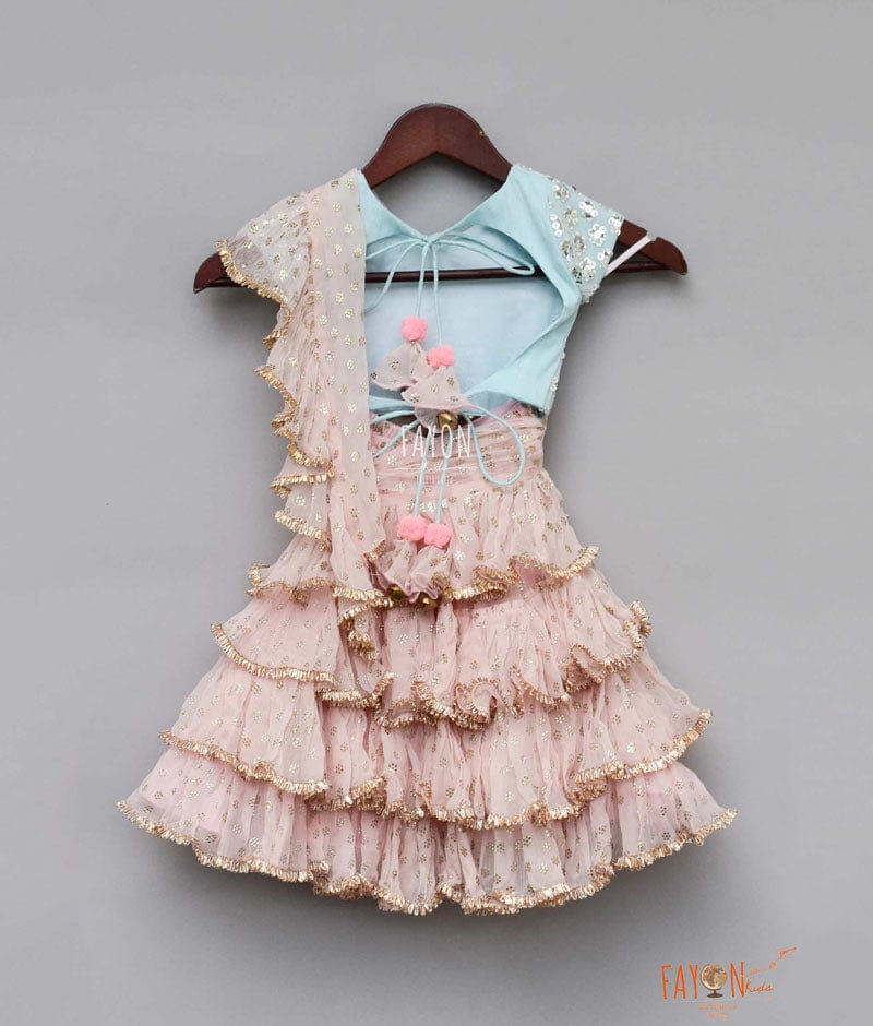 Blue Embroidery Peach Chiffon Saree for Girls