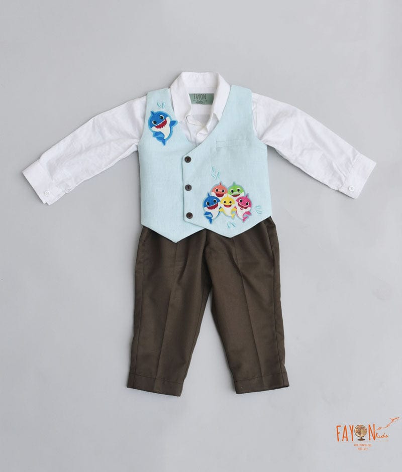 Blue Fish Print Waist Coat with White Shirt Brown Pant for Boys