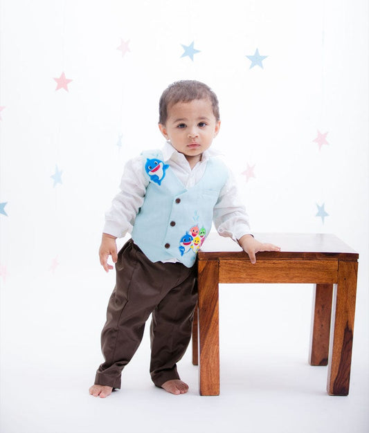 Blue Fish Print Waist Coat with White Shirt Brown Pant for Boys