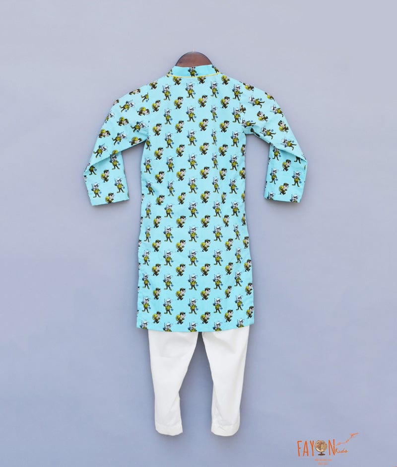 Blue Funky Printed Kurta with Straight Pants for Boys