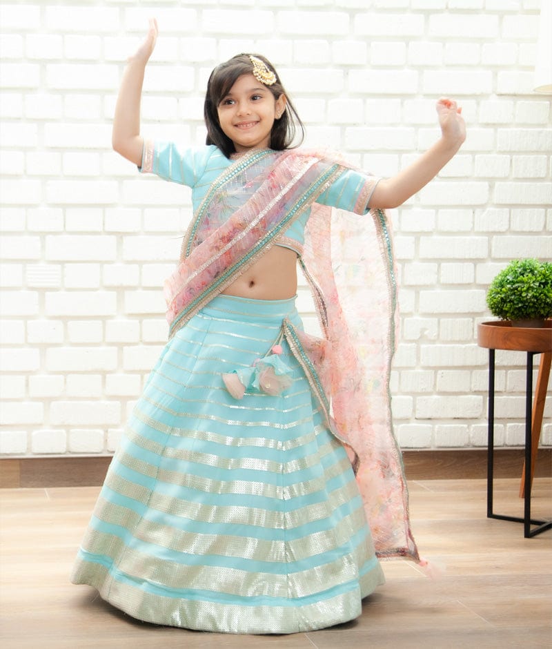Blue Georgette Embroidery Lehenga with Choli Printed Organza Dupatta for Girls
