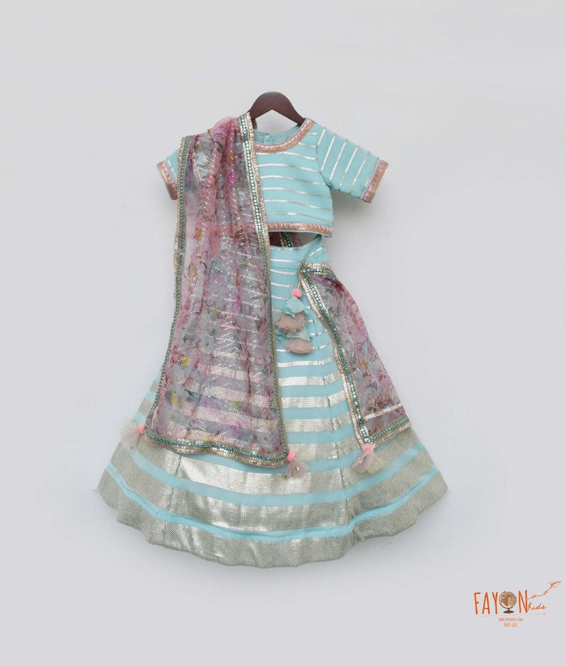 Blue Georgette Embroidery Lehenga with Choli Printed Organza Dupatta for Girls