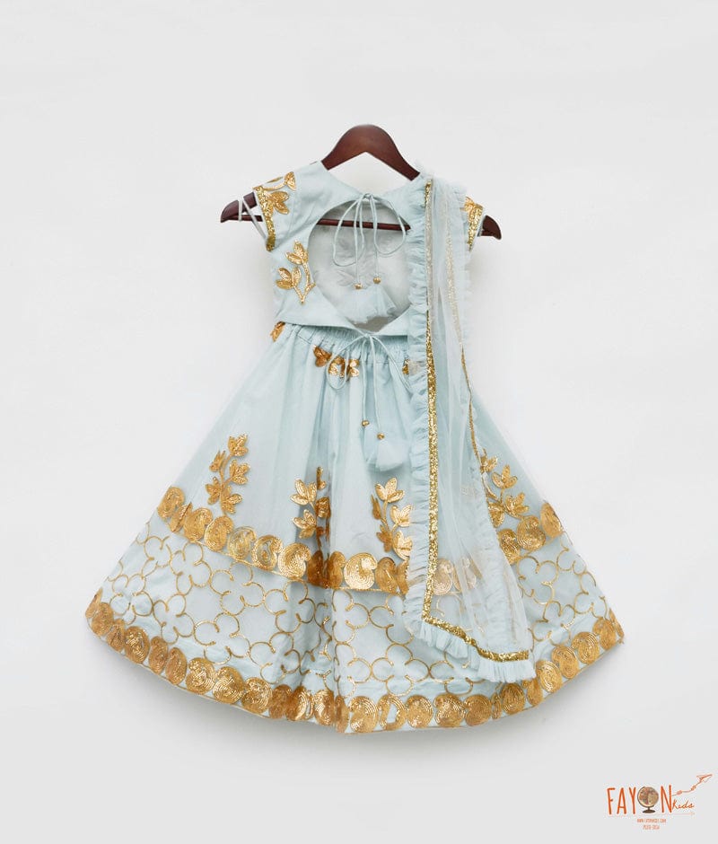 Blue Gota Embroidery Lehenga with Choli Frill Dupatta for Girls