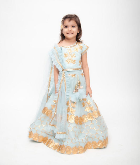 Blue Gota Embroidery Lehenga with Choli Frill Dupatta for Girls
