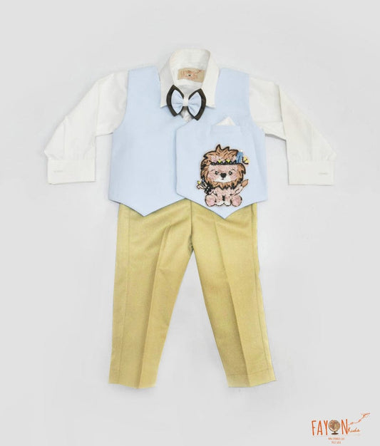 Blue Lion Motif Waist Coat with Off white Shirt Golden Pant for Boys