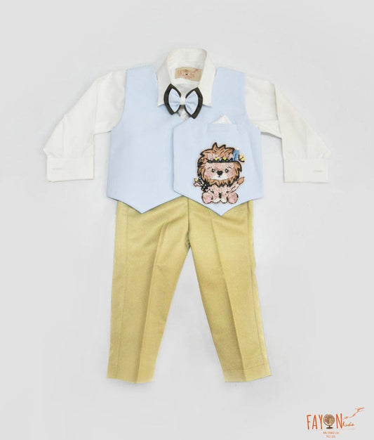 Fayon Kids Blue Lion Motif Waist Coat with Off white Shirt Golden Pant for Boys