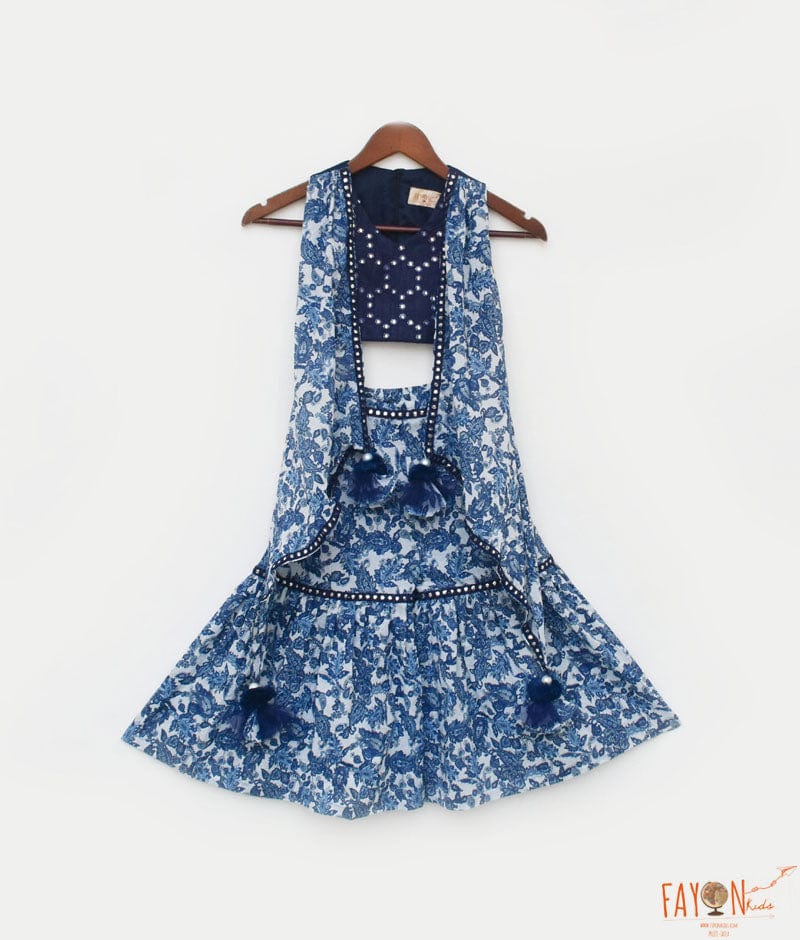 Blue Mirror Embroidery Top and Printed Sharara for Girls