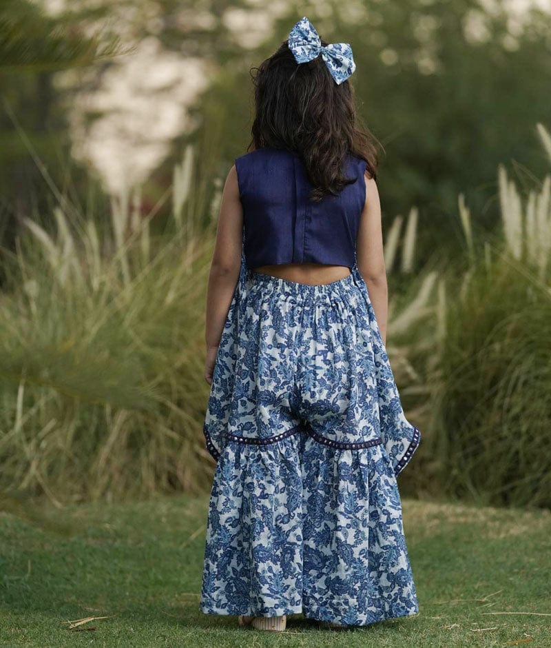 Blue Mirror Embroidery Top and Printed Sharara for Girls
