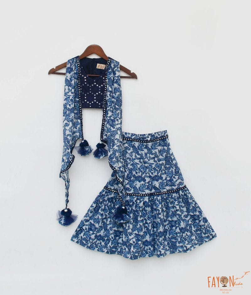 Blue Mirror Embroidery Top and Printed Sharara for Girls