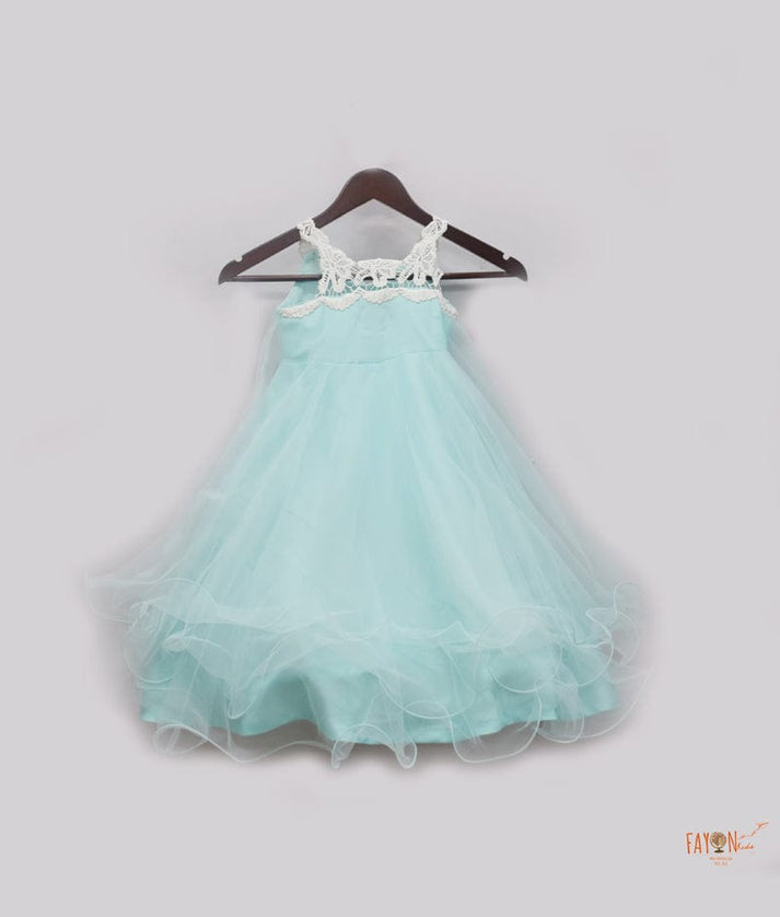 Blue Net Frock with Pearls for Girls