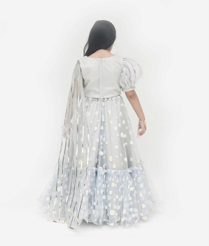 Blue Net Printed Lehenga with Choli Drape Dupatta for Girls