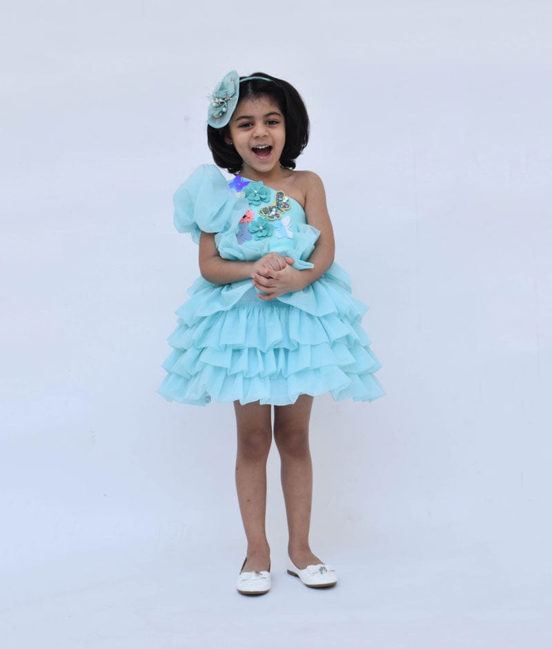 Blue Organza Frock with 3D flowers and Butterflies for Girls