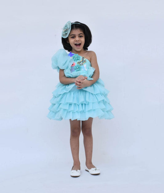 Blue Organza Frock with 3D flowers and Butterflies for Girls