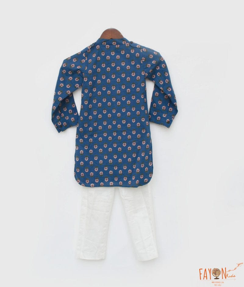 Blue Printed Kurta and Off White Pant for Boys
