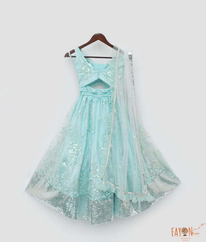 Blue Sequins Embroidery Lehenga Choli and Dupatta for Girls
