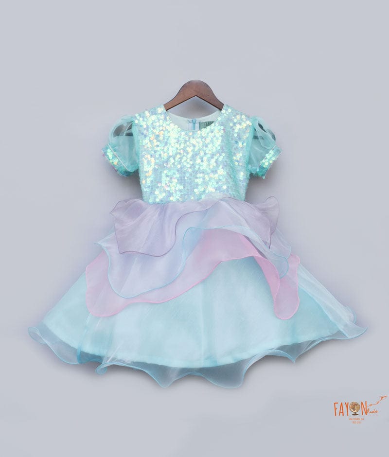 Blue Sequins Organza Frock for Girls