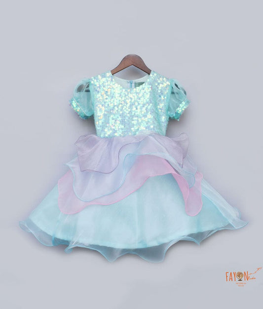 Blue Sequins Organza Frock for Girls