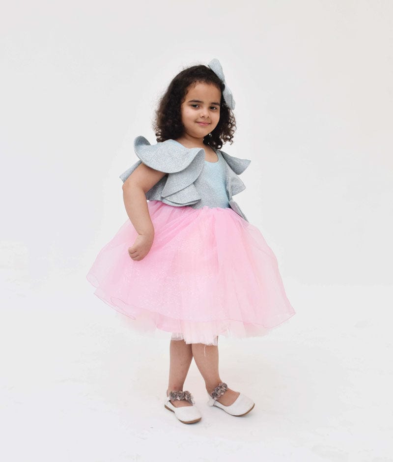 Blue Shimmer Pink Glitter Net Frock for Girls