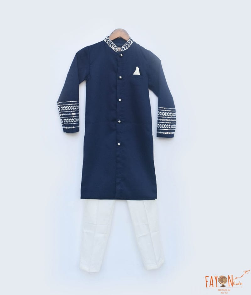 Blue Silk Achkan and Off white Pant for Boys