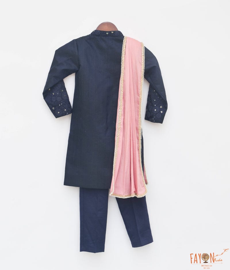 Blue Silk Sherwani with Pant and Pink Stole for Boys