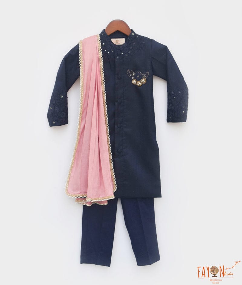 Blue Silk Sherwani with Pant and Pink Stole for Boys