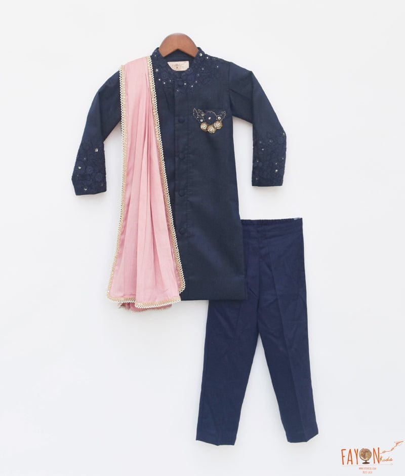 Blue Silk Sherwani with Pant and Pink Stole for Boys