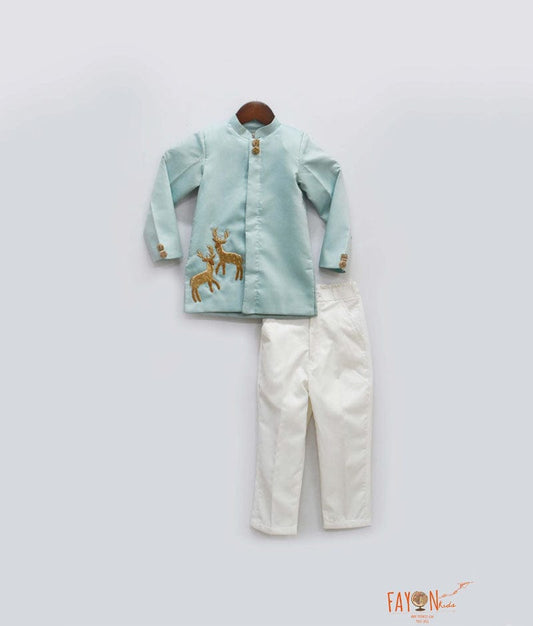 Blue Silk Bandgala with Off White Pant for Boys