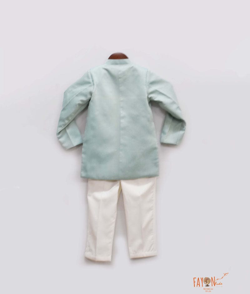 Blue Silk Bandgala with Off White Pant for Boys
