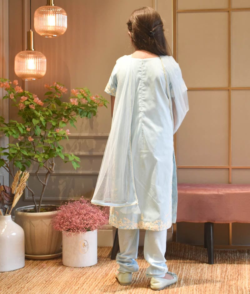 Blue Silk Kurti Chudidar and Dupatta for Girls