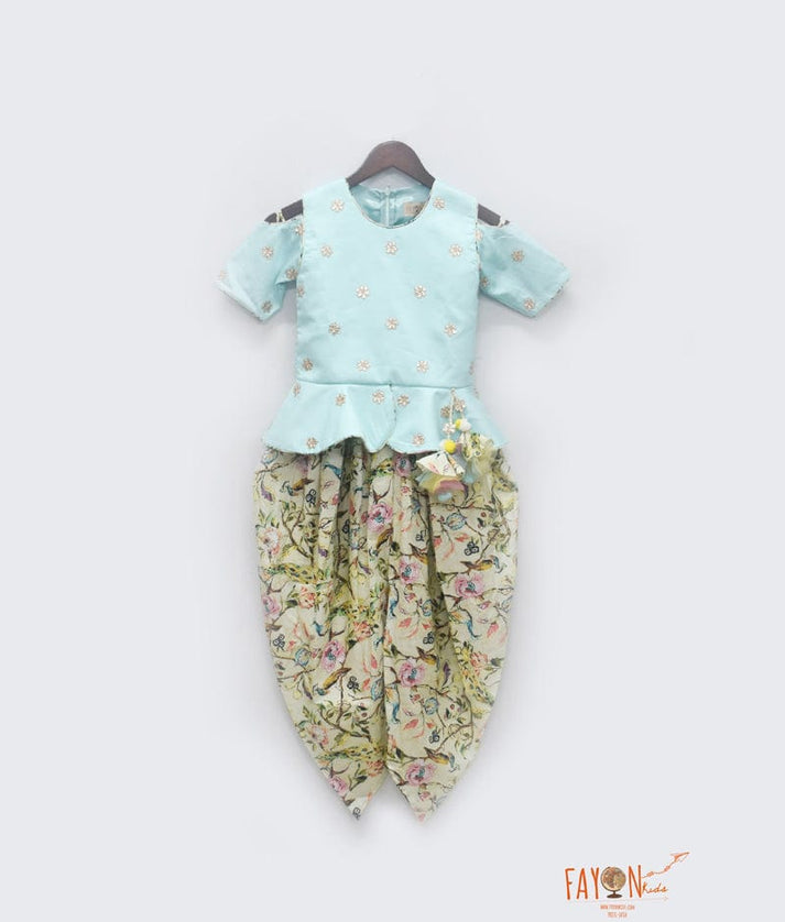 Blue Silk Peplum Printed Dhoti Set for Girls