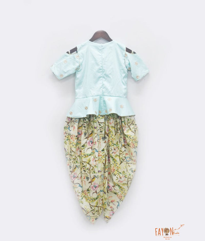 Blue Silk Peplum Printed Dhoti Set for Girls