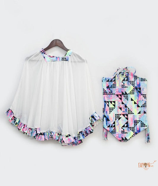 Blue Splashes Print Swim Wear with White Cape for Girls