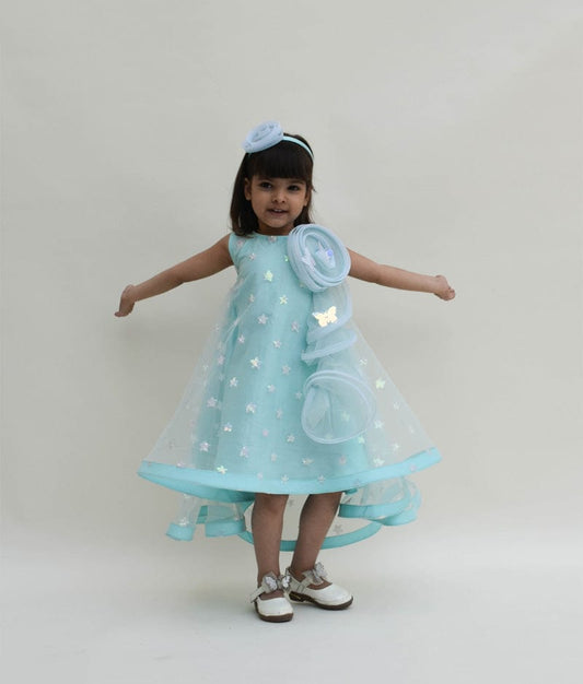 Blue Star Net High Low Dress for Girls